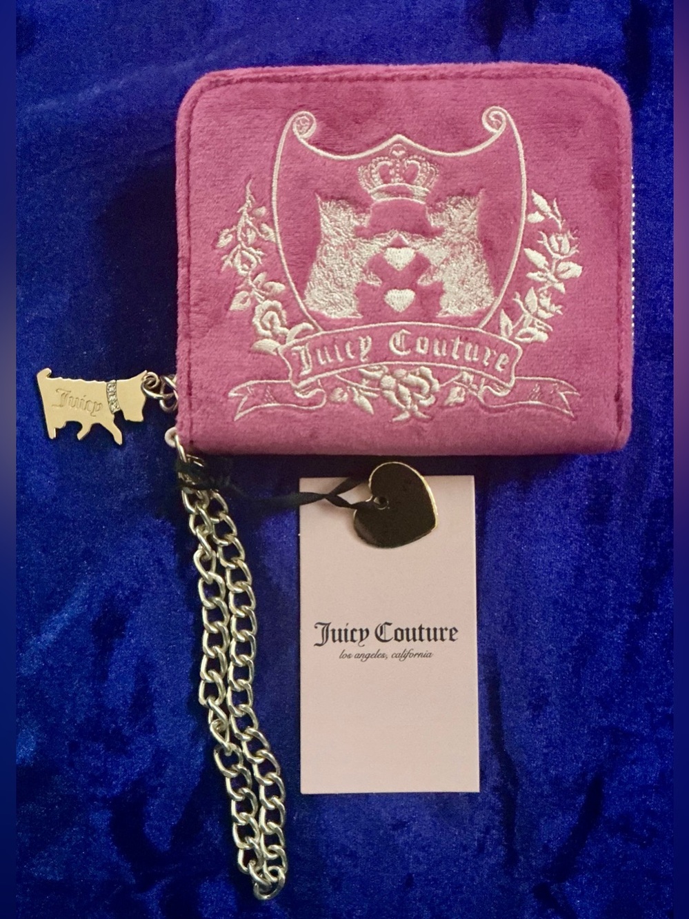 Juicy Couture Pink Velvet Zip-Around Wallet with Gold Chain